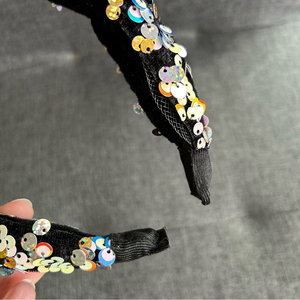 Colorful, Sparkly Sequined Knot Headband, Black, Multi Colored, Rainbow - Picture 5 of 8